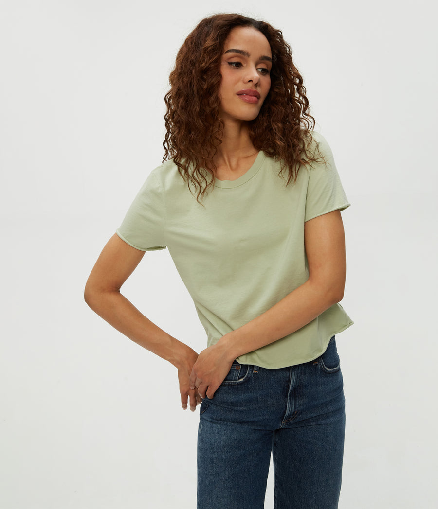 Jackie Crewneck Tee in Seacrest Green Close Up View #SEACREST