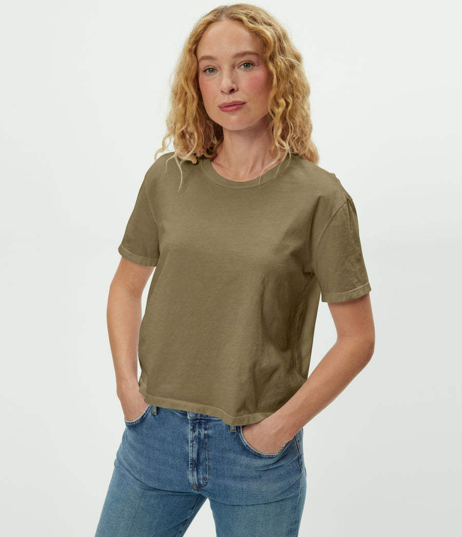 Nina Crewneck Tee in CAPER Green Close up View #CAPER