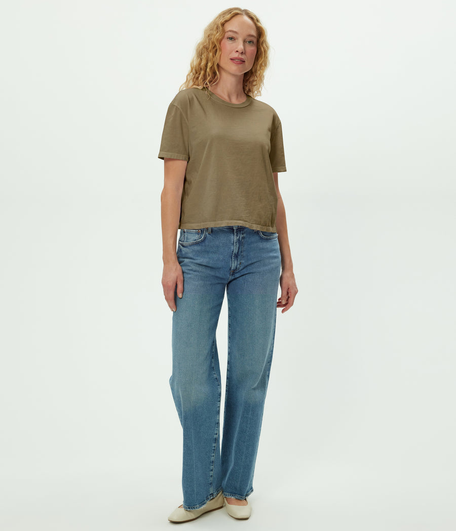 Nina Crewneck Tee in CAPER Green Full Body View #CAPER