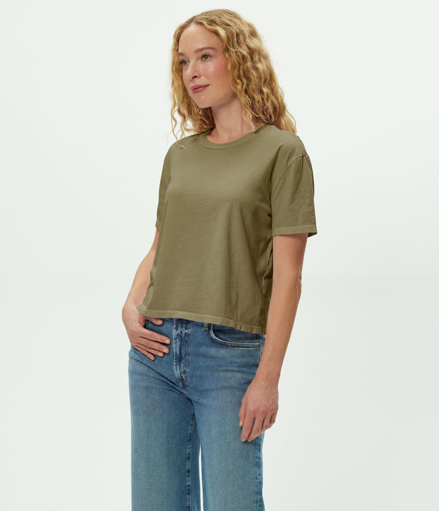 Nina Crewneck Tee in CAPER  Green Side View #CAPER