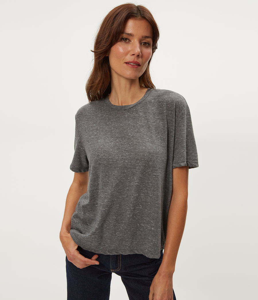 Nina Crewneck Tee in Charcoal Grey Close up View #CHARCOAL