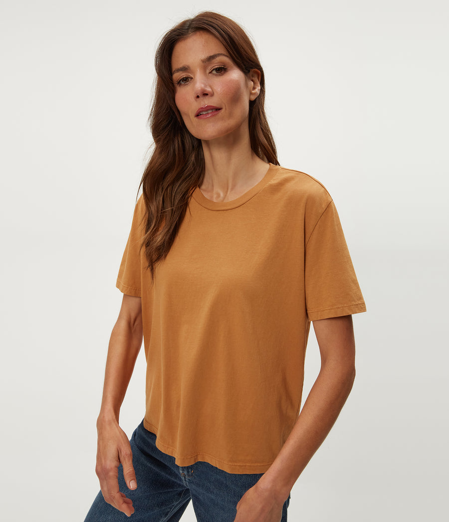 Nina Crewneck Tee in Cumin Brown Close Up View #CUMIN