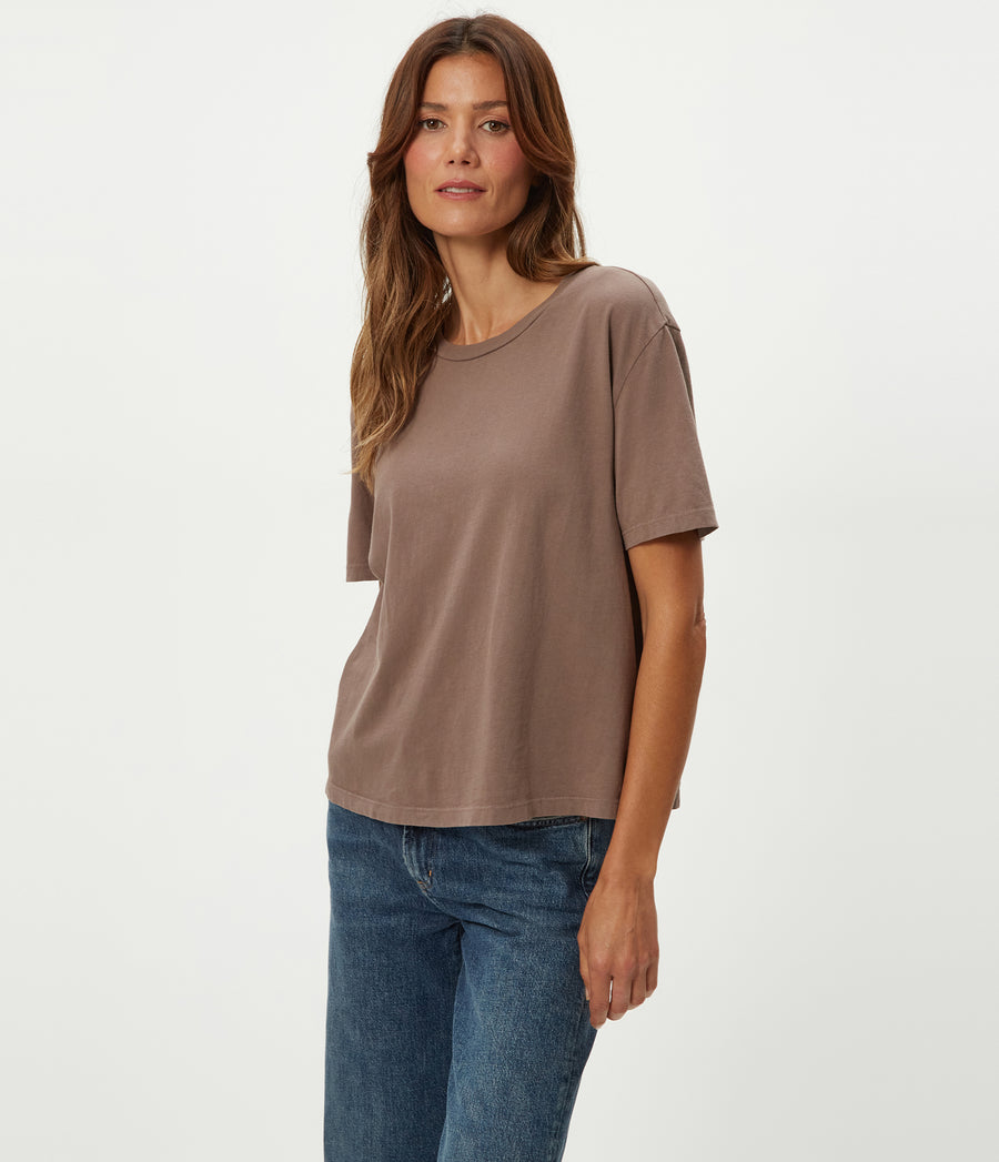 Nina Crewneck Tee in Cobblestone Brown Close Up View #COBBLESTONE