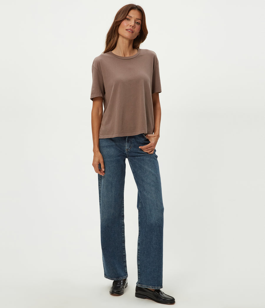 Nina Crewneck Tee in Cobblestone Brown Full Body View #COBBLESTONE