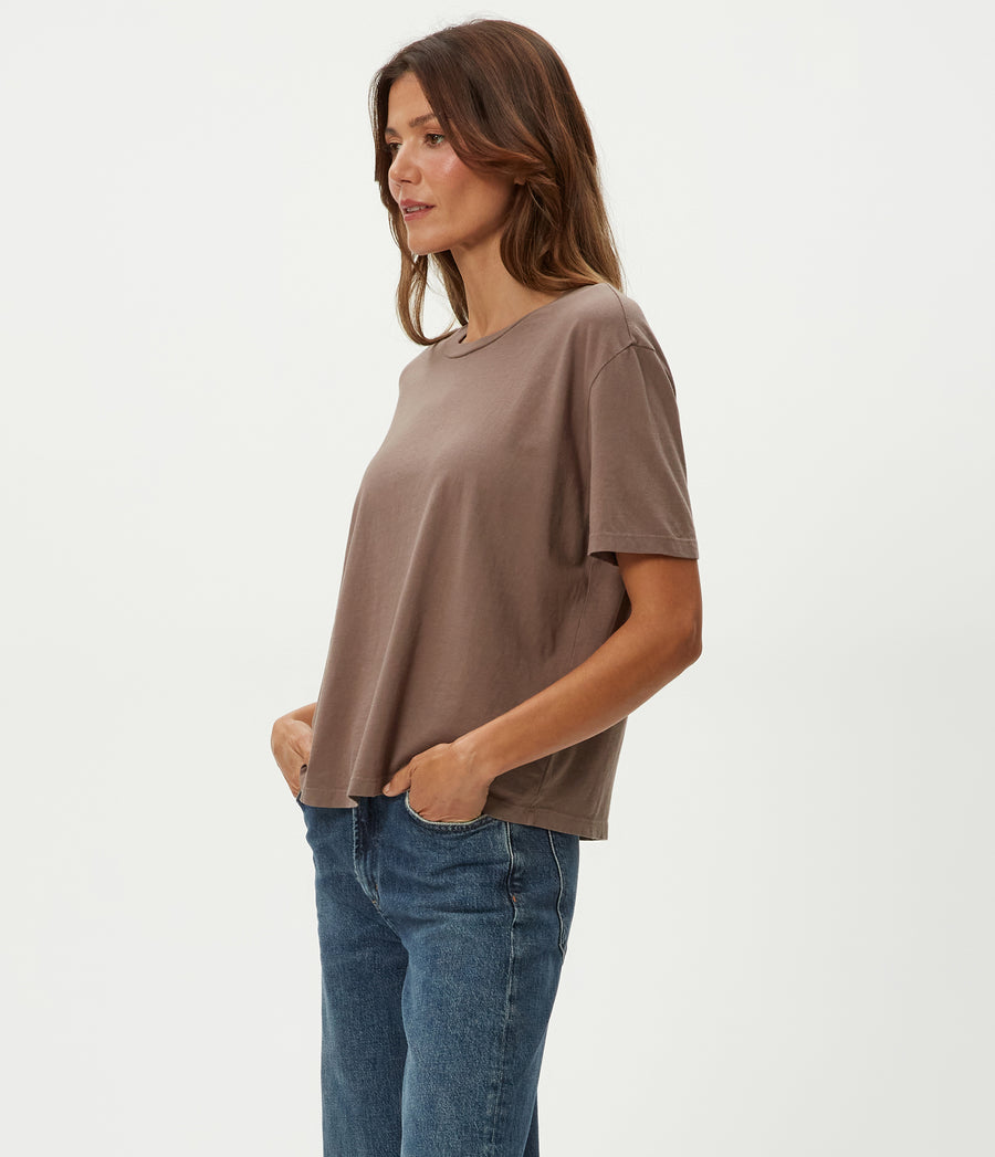 Nina Crewneck Tee in Cobblestone Brown Side View #COBBLESTONE