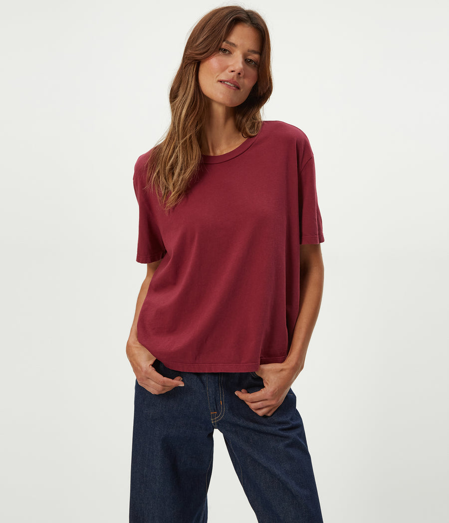 Nina Crewneck Tee in Garnet Red Close Up View #GARNET