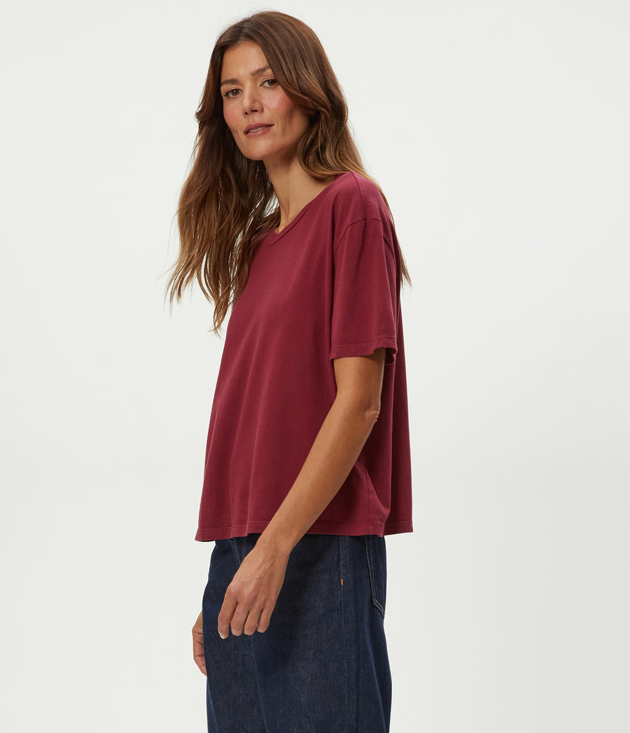 Nina Crewneck Tee in Garnet Red Side View #GARNET