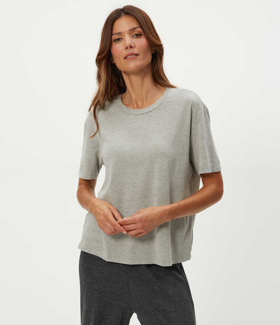 Nina Crewneck Tee in Heather Grey Grey Close Up View #HEATHER GREY