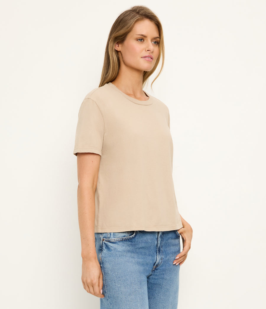 Nina Crewneck Tee in  MACADAMIA Beige Side View #MACADAMIA