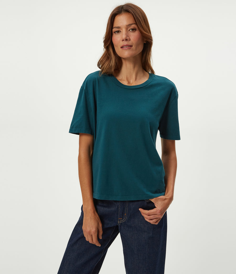 Nina Crewneck Tee in RAINFOREST BLUE Combo Close up View #RAINFOREST