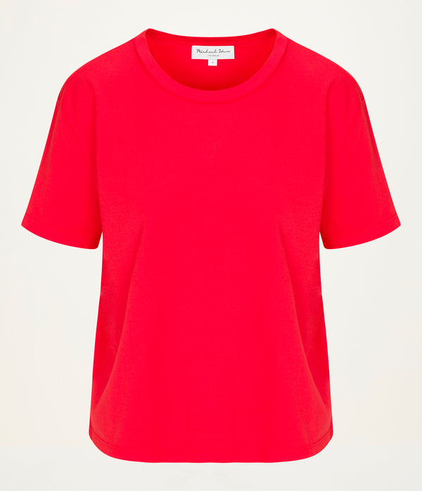Nina Crewneck Tee in SAMBA RED Close up View #SAMBA
