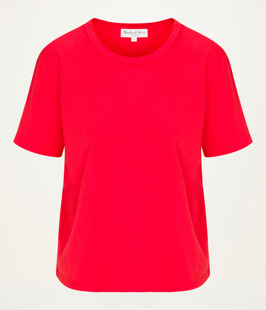 Nina Crewneck Tee in SAMBA RED Close up View #SAMBA