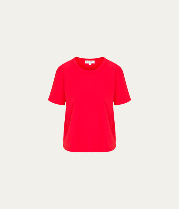 Nina Crewneck Tee in SAMBA RED Close up View #SAMBA