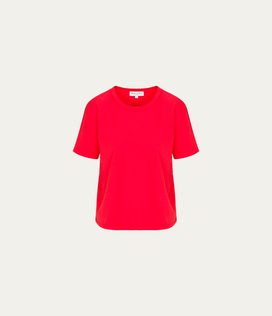 Nina Crewneck Tee in SAMBA RED Close up View #SAMBA