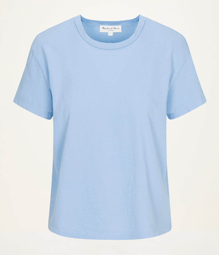 Nina Crewneck Tee in SKY Blue Close up View #SKY