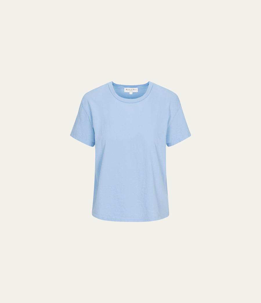 Nina Crewneck Tee in SKY Blue Close up View #SKY