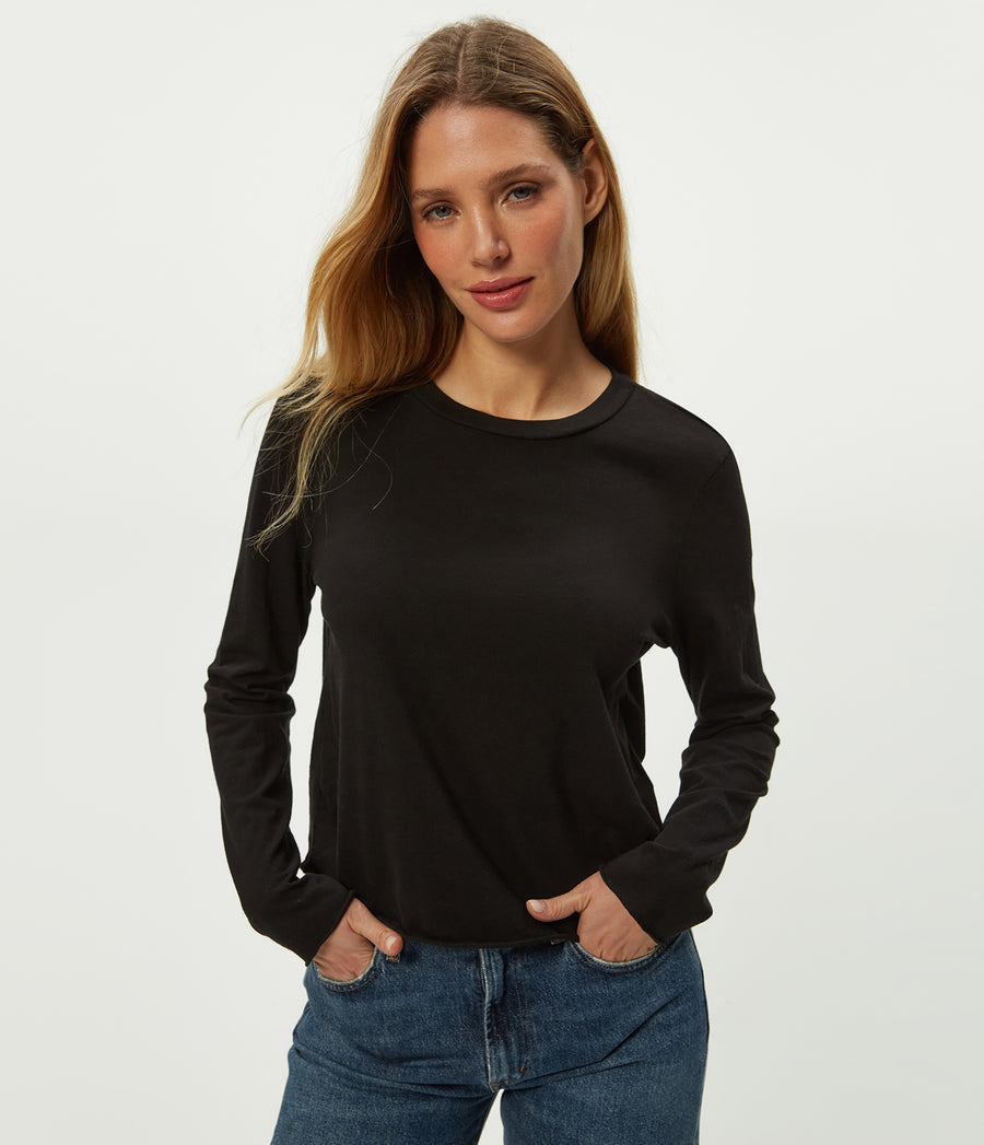 Aiko Crewneck Long Sleeve Tee in Black Close up View #BLACK