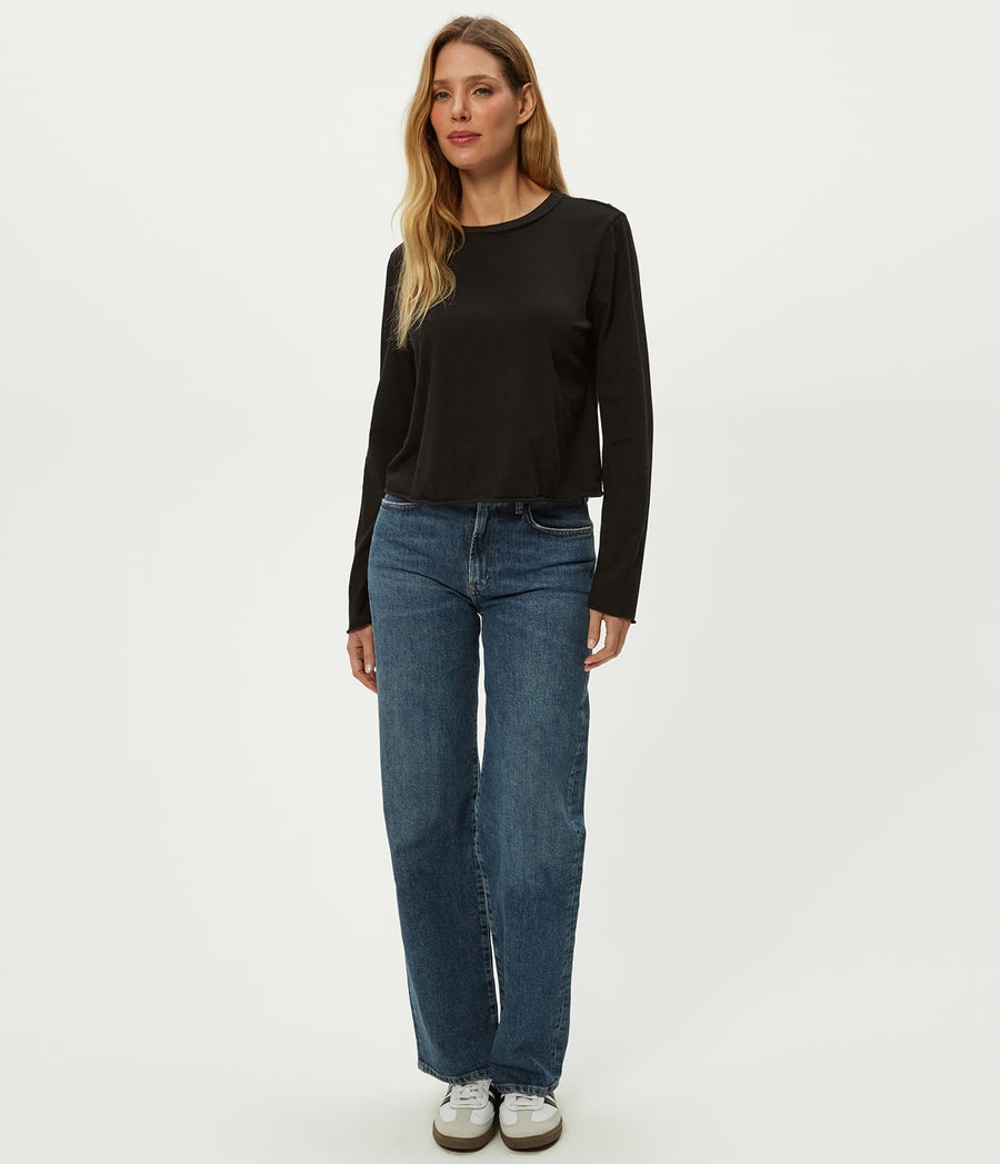Aiko Crewneck Long Sleeve Tee in Black Full Body View #BLACK