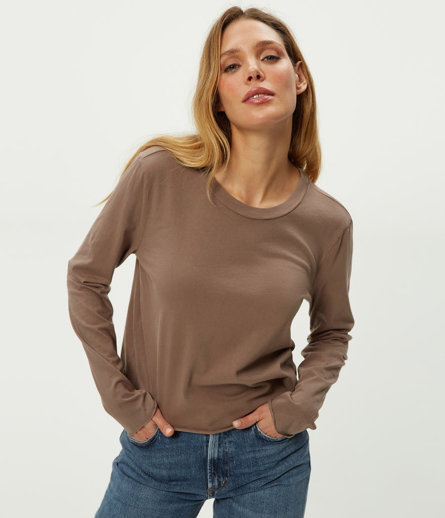 Aiko Crewneck Long Sleeve Tee in Cobblestone Brown Close Up View #COBBLESTONE