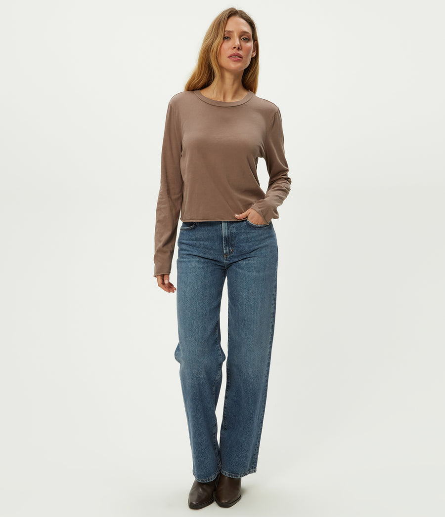 Aiko Crewneck Long Sleeve Tee in Cobblestone Brown Full Body View #COBBLESTONE