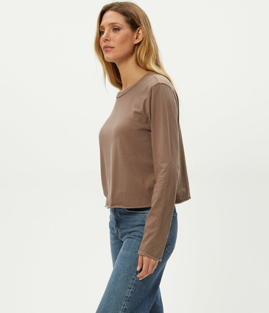 Aiko Crewneck Long Sleeve Tee in Cobblestone Brown Side View #COBBLESTONE