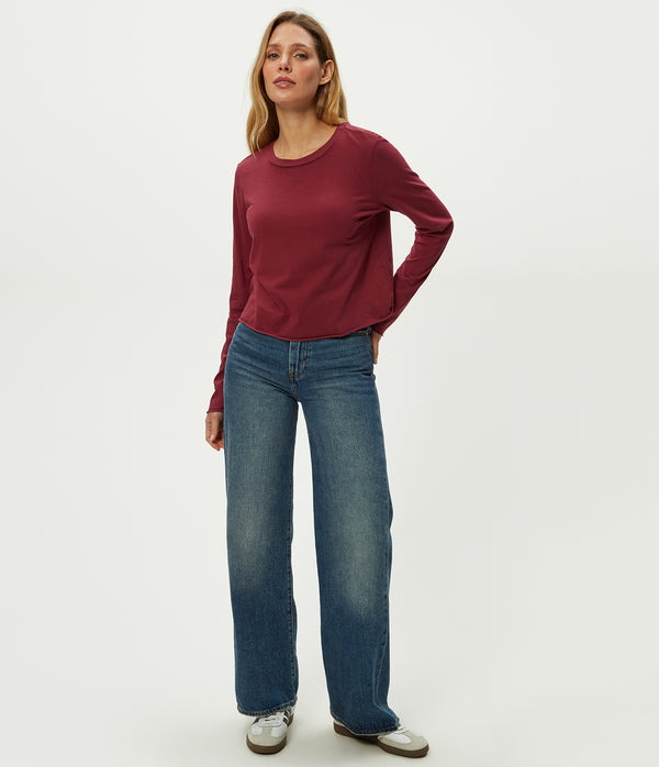 Aiko Crewneck Long Sleeve Tee in Garnet Red Close Up View #GARNET