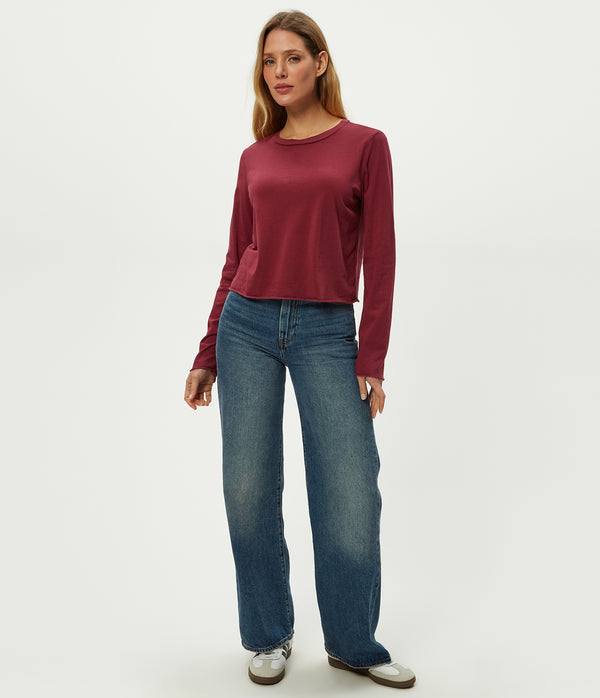 Aiko Crewneck Long Sleeve Tee in Garnet Red Full Body View #GARNET