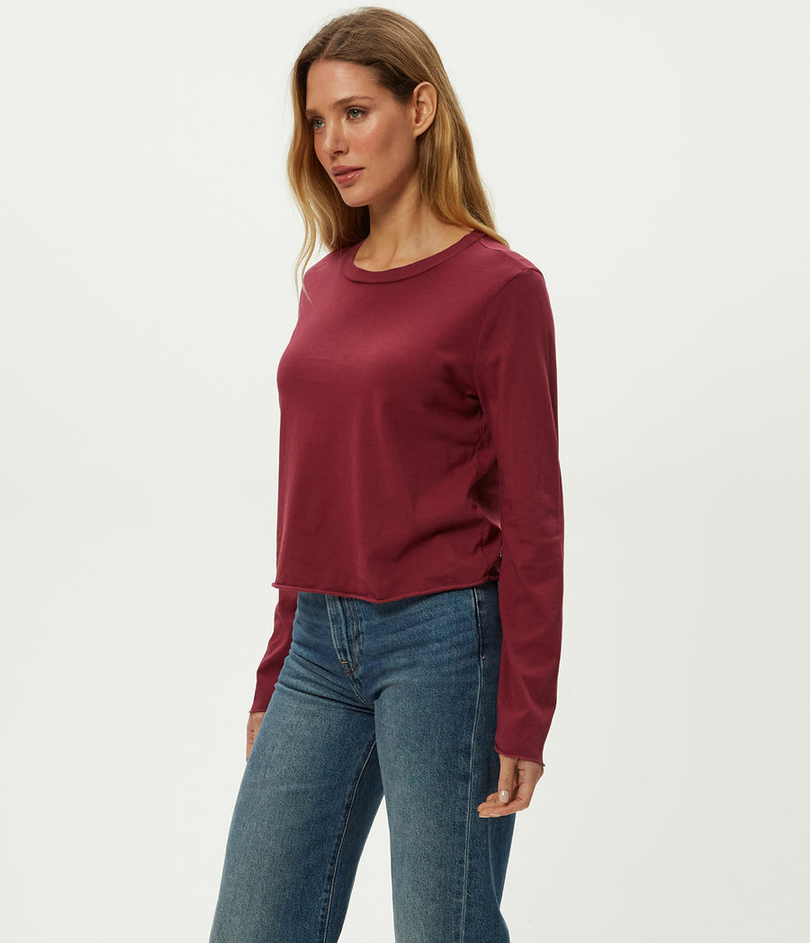 Aiko Crewneck Long Sleeve Tee in Garnet Red Side View #GARNET