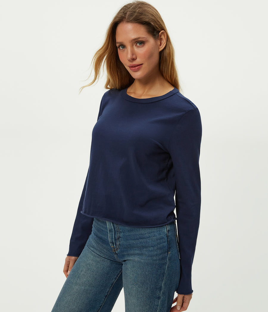 Aiko Crewneck Long Sleeve Tee in Nocturnal Blue Close Up View #NOCTURNAL