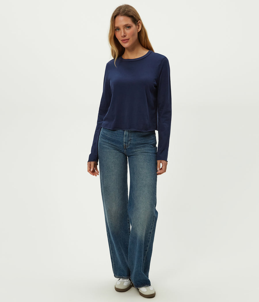 Aiko Crewneck Long Sleeve Tee in Nocturnal Blue Full Body View #NOCTURNAL