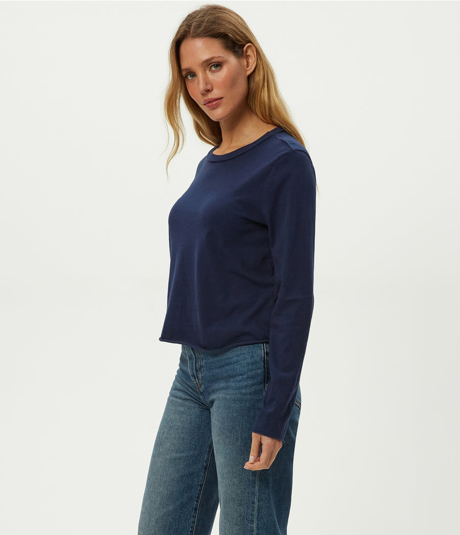 Aiko Crewneck Long Sleeve Tee in Nocturnal Blue Side View #NOCTURNAL