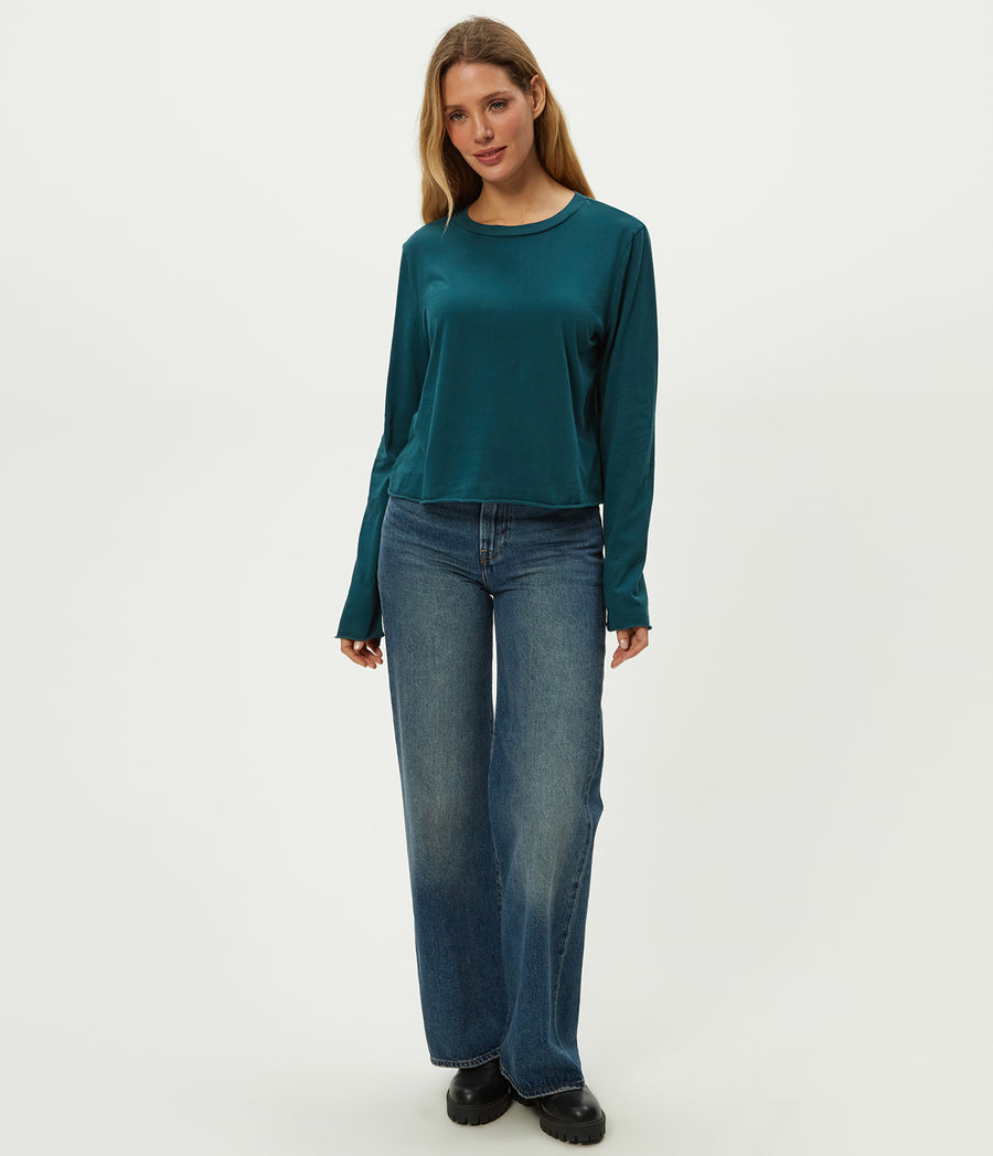 Aiko Crewneck Long Sleeve Tee in RAINFOREST BLUE Combo Close up View #RAINFOREST