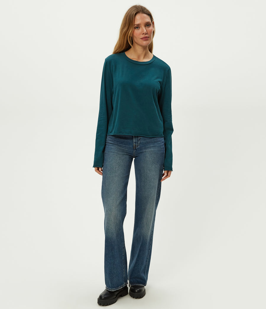 Aiko Crewneck Long Sleeve Tee in RAINFOREST BLUE Combo Full Body View #RAINFOREST