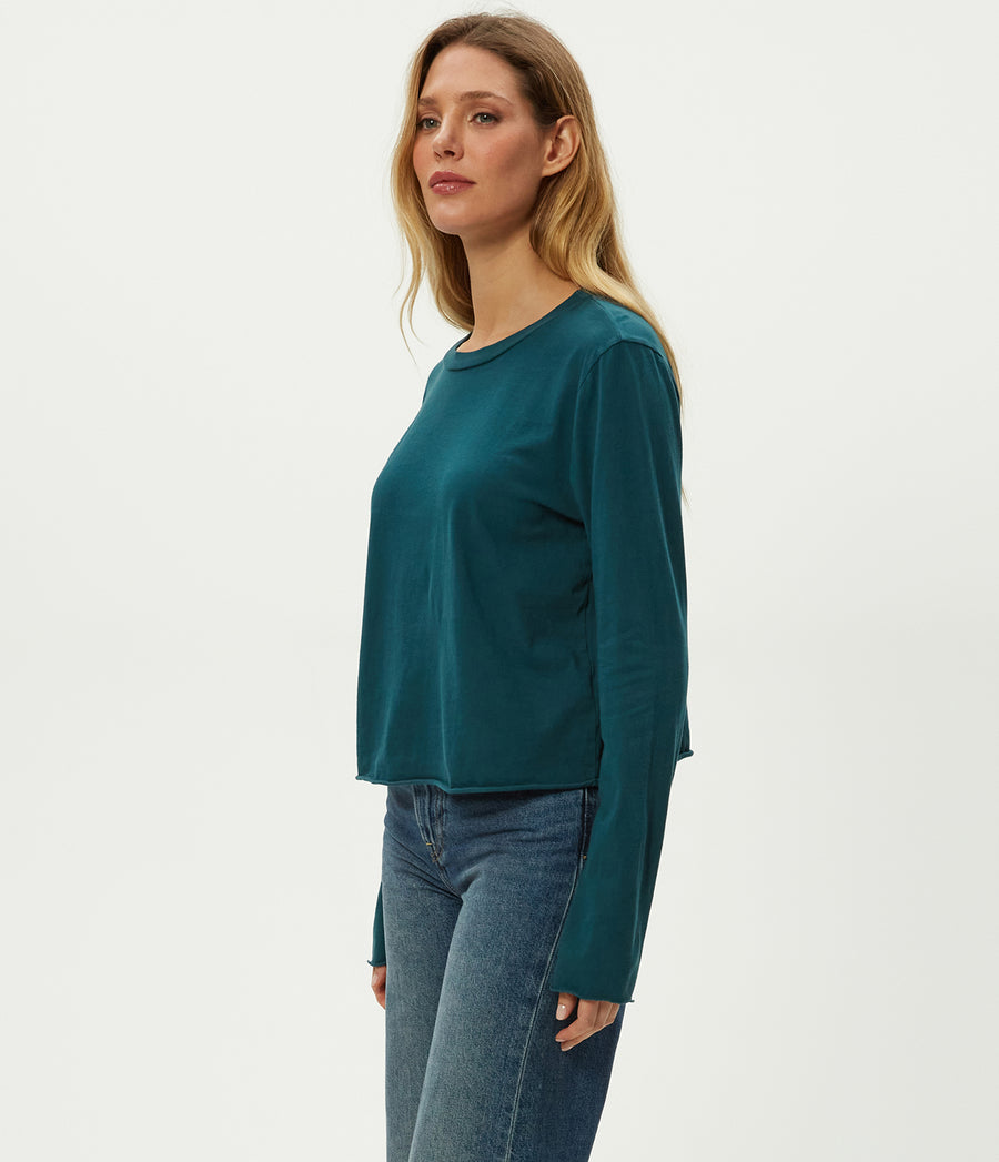 Aiko Crewneck Long Sleeve Tee in RAINFOREST BLUE Combo Side View #RAINFOREST