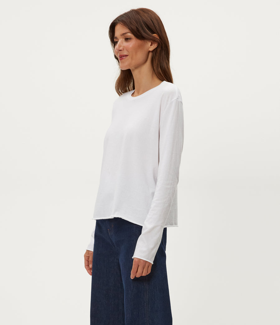 Aiko Crewneck Long Sleeve Tee in White Side View #WHITE