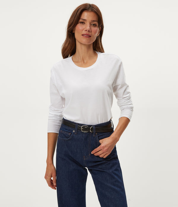 Aiko Crewneck Long Sleeve Tee in White Close up View #WHITE