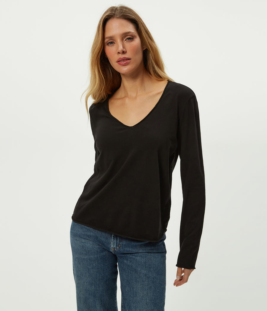 Kailee V-Neck Long Sleeve Tee in Black Close up View #BLACK