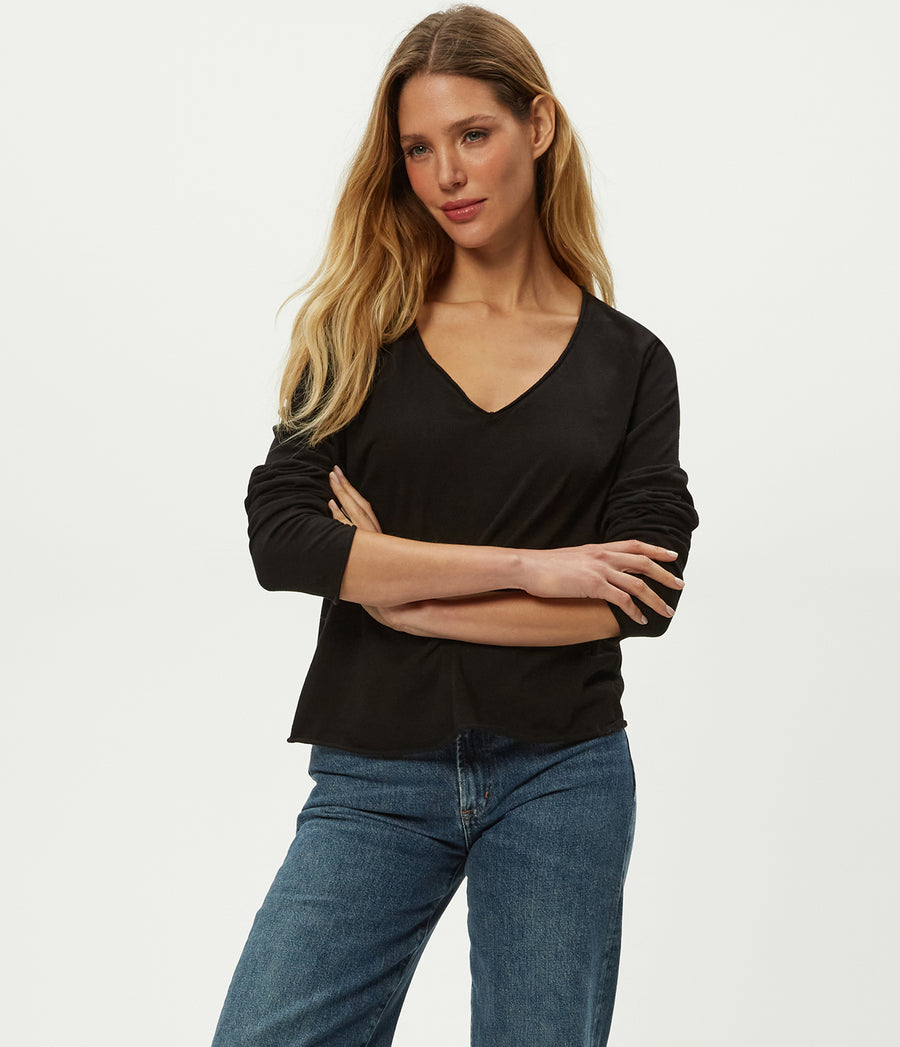 Kailee V-Neck Long Sleeve Tee in Black Full Body View #BLACK