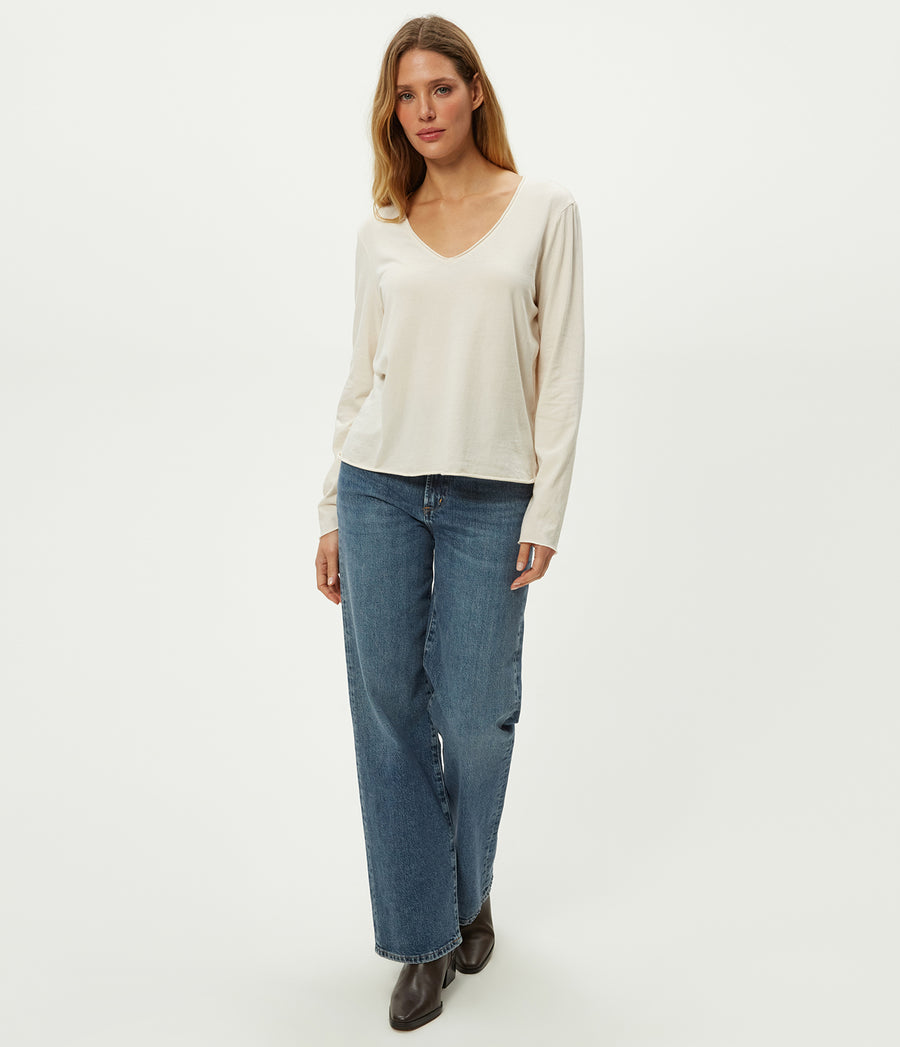Kailee V-Neck Long Sleeve Tee in Chalk White Full Body View #CHALK