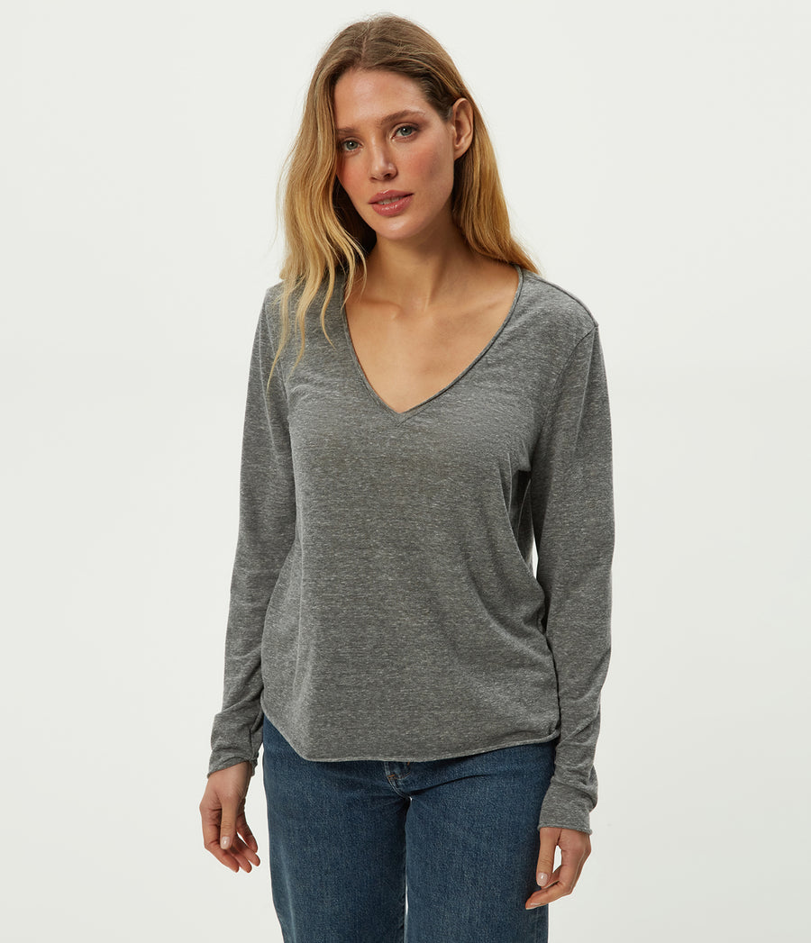 Kailee V-Neck Long Sleeve Tee in Charcoal Grey Close up View #CHARCOAL