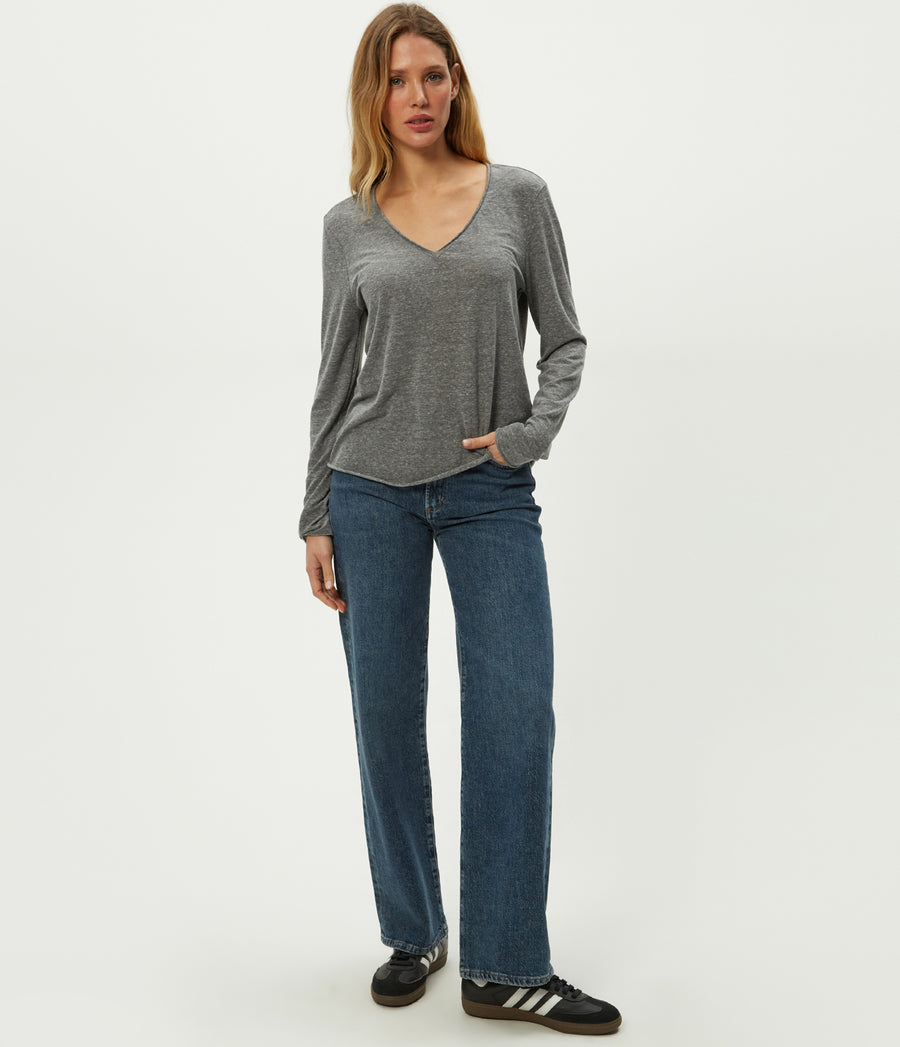 Kailee V-Neck Long Sleeve Tee in Charcoal Grey Full Body View #CHARCOAL