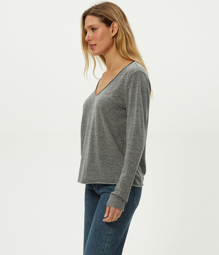 Kailee V-Neck Long Sleeve Tee in Charcoal Grey Side View #CHARCOAL