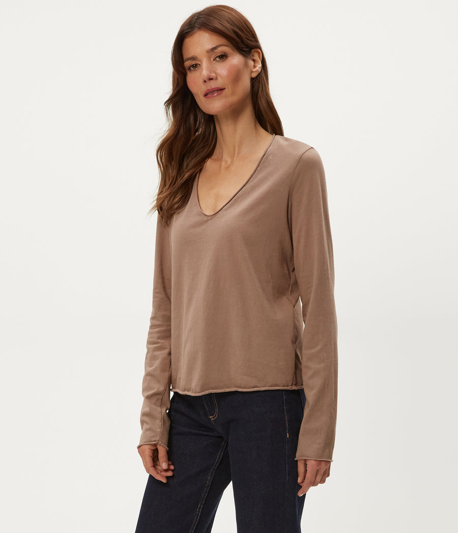 Kailee V-Neck Long Sleeve Tee in Cobblestone Brown Full Body View #COBBLESTONE
