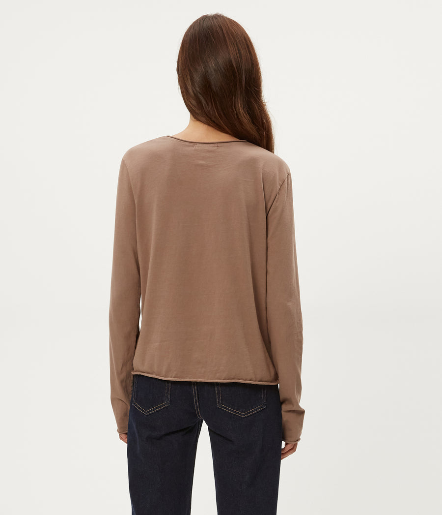 Kailee V-Neck Long Sleeve Tee in Cobblestone Brown Back View #COBBLESTONE