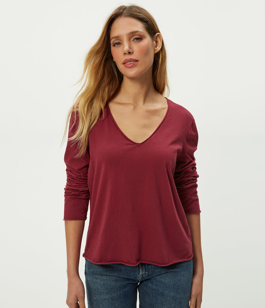 Kailee V-Neck Long Sleeve Tee in Garnet Red Close Up View #GARNET