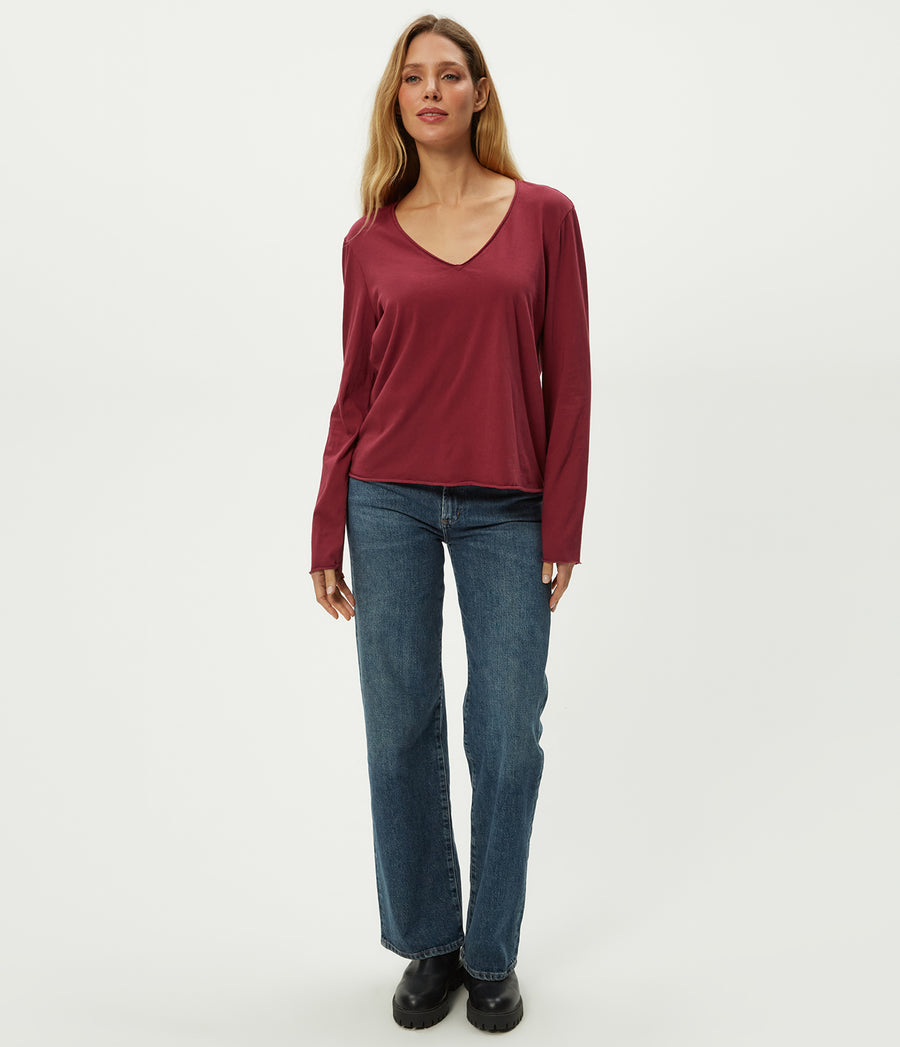 Kailee V-Neck Long Sleeve Tee in Garnet Red Full Body View #GARNET