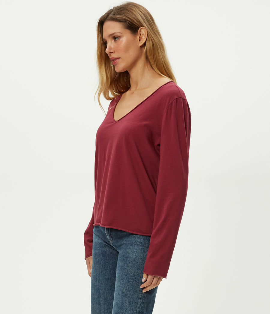 Kailee V-Neck Long Sleeve Tee in Garnet Red Side View #GARNET