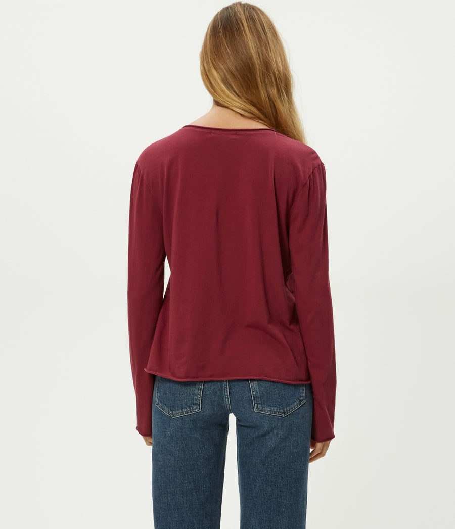 Kailee V-Neck Long Sleeve Tee in Garnet Red Back View #GARNET