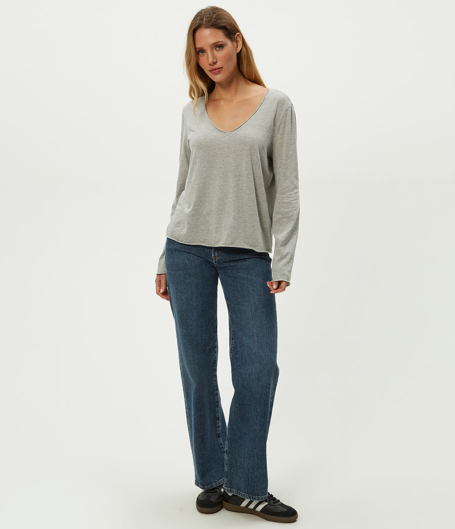 Kailee V-Neck Long Sleeve Tee in Heather Grey Grey Full Body View #HEATHER GREY