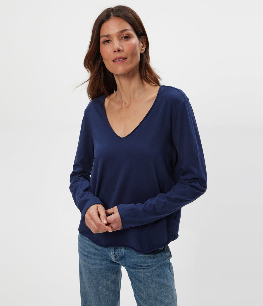 Kailee V-Neck Long Sleeve Tee in Nocturnal Close Up View #NOCTURNAL